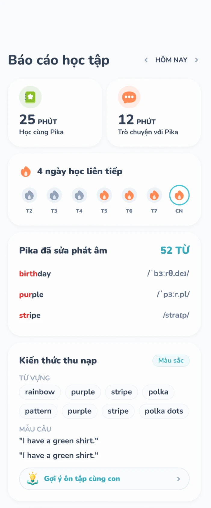 Màn hình app phụ huynh Pika